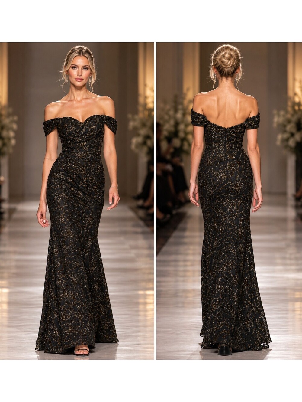 Black Gold Lace Off Shoulder Formal Gown Evening Sz4 NWT Sample Sale Designer